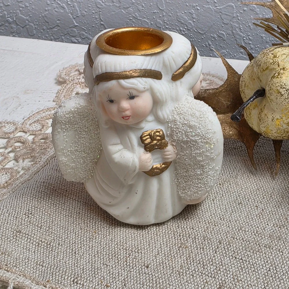 CLEARANCE 💲6️⃣ Vintage Single Angel Taper Candle Holder White Gold Glitter Wing